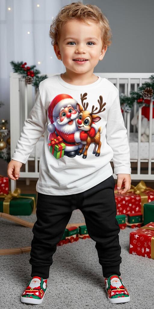 Комплект тънък 2 части (б/д) Дядо Коледа с еленче в бяло