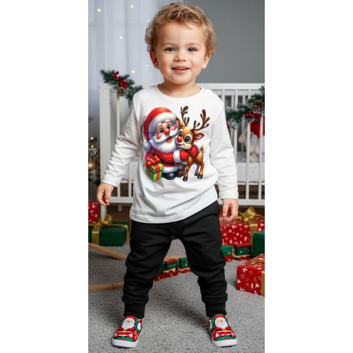 Комплект тънък 2 части (б/д) Дядо Коледа с еленче в бяло