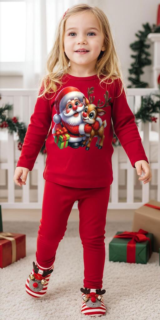 Комплект тънък 2 части (б/к) Дядо Коледа с еленче в червено