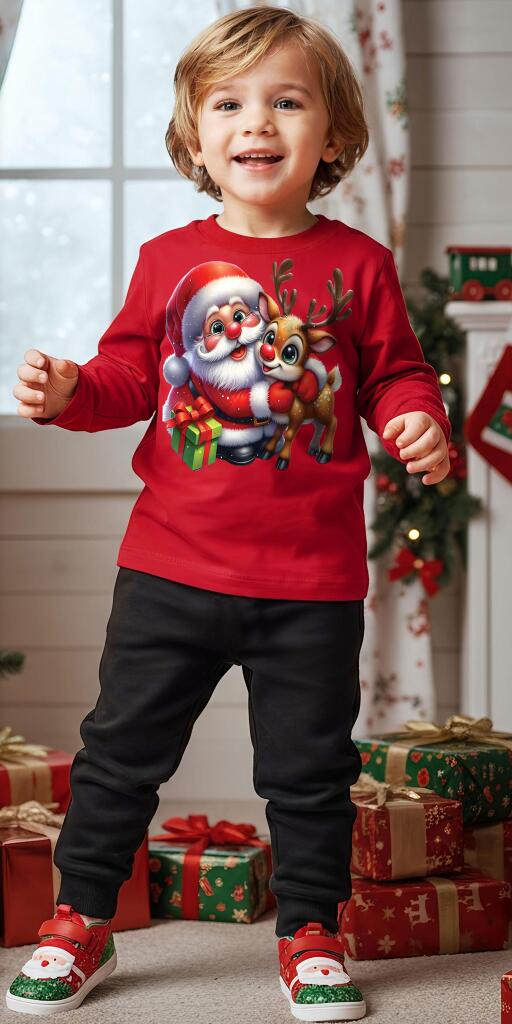 Комплект тънък 2 части (б/д) Дядо Коледа с еленче в червено