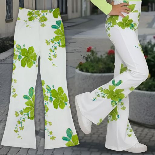 Бял детски панталон чарлстон с резедави цветя и зелени листа разкроена кройка за момиче