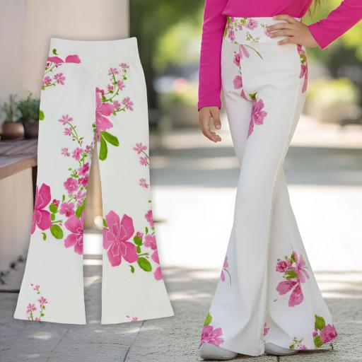 Бял панталон чарлстон с розови цветя и зелени листа разкроен модел за момиче