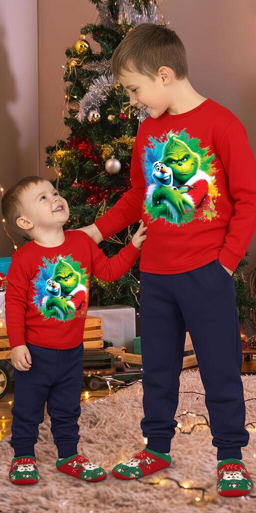 Комплект тънък 2 части (б/д) Гринч и Олаф на коледа в червено