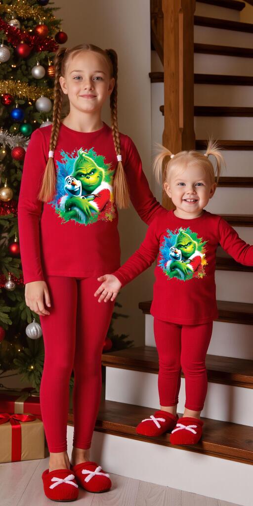 Комплект тънък 2 части (б/к) Гринч и Олаф на коледа в червено