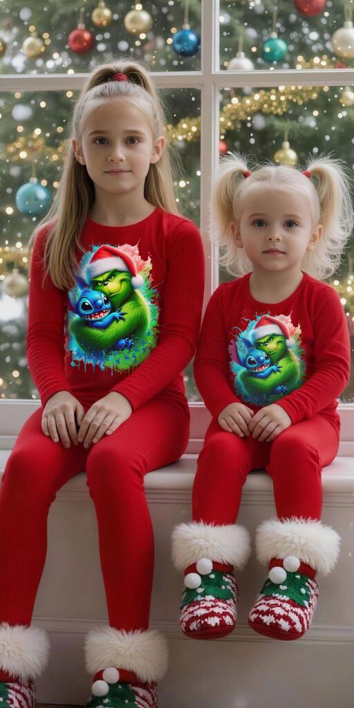 Комплект тънък 2 части (б/к) Гринч и Стич на коледа в червено