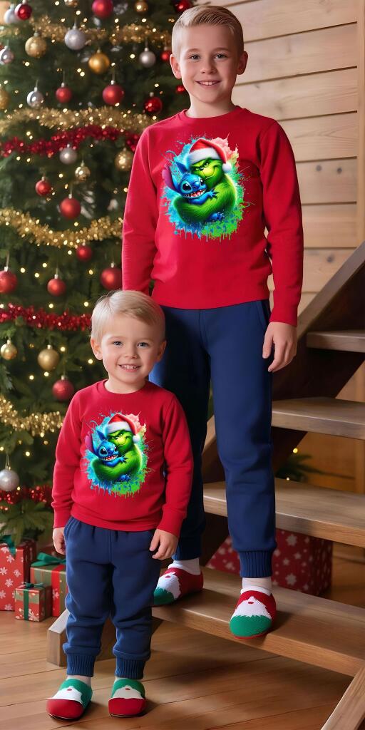 Комплект тънък 2 части (б/д) Гринч и Стич на коледа в червено