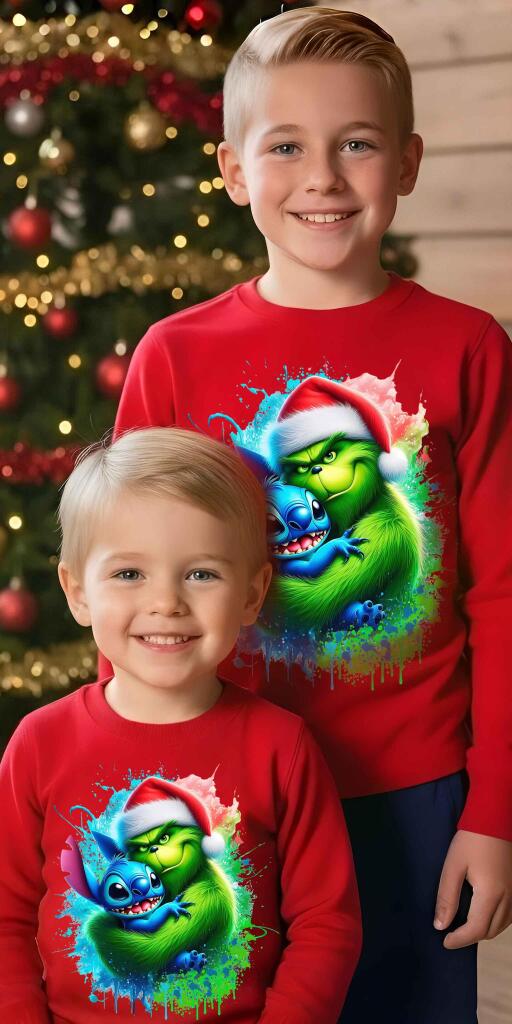 Блуза тънка с Гринч и Стич на коледа в червено