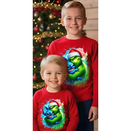 Блуза тънка с Гринч и Стич на коледа в червено