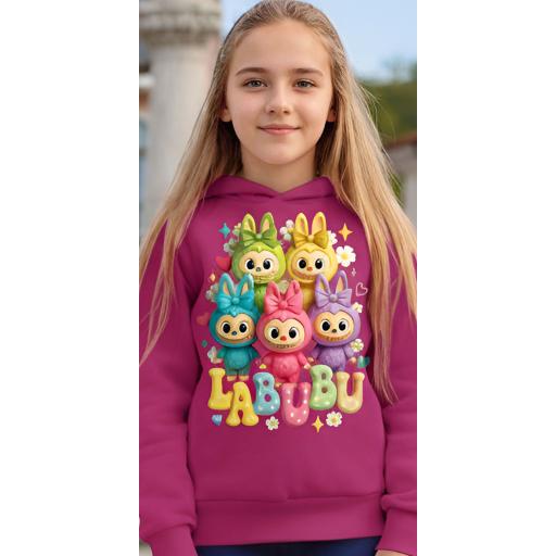 Розов детски суичър с весели Лабубу герои в ярки цветове.