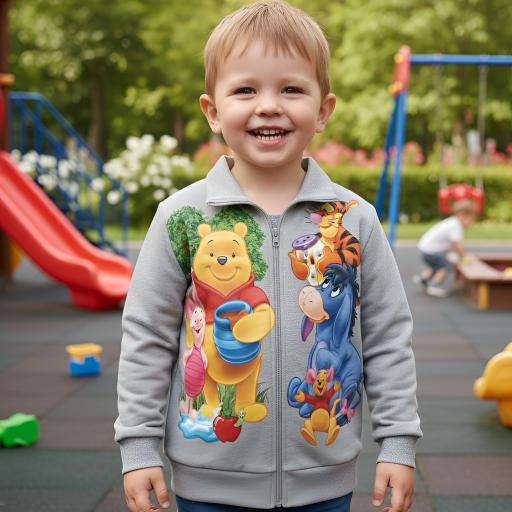 Меко сиво горнище с цветни и весели персонажи от Мечо Пух, подходящо за ежедневни игри и разходки.