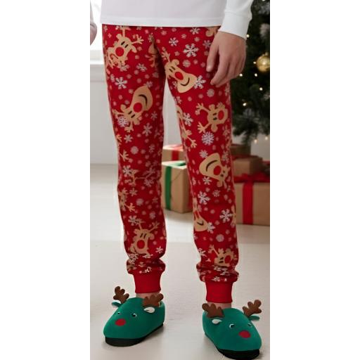 Детски панталон с еленчета. Зимен червен панталон с принт на златни еленчета и снежинки, с червени маншети.
