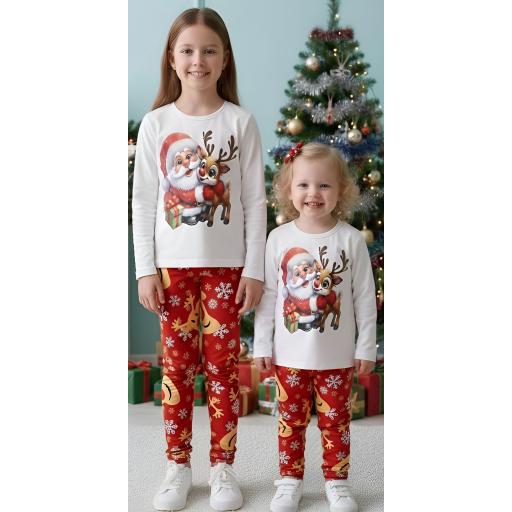 Детски комплект от бяла блуза с дълъг ръкав и принт на Дядо Коледа и еленче, и червен клин с повтарящ се принт на еленчета и сне