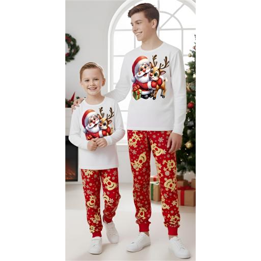 Детски комплект от бяла блуза с дълъг ръкав и принт на Дядо Коледа и еленче, и червено долнище с повтарящ се принт на еленчета и