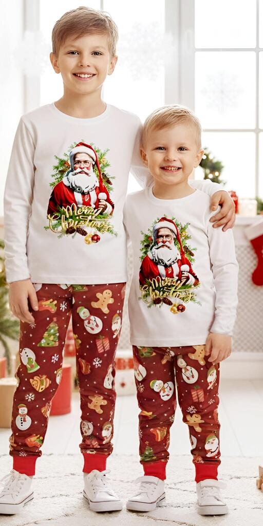 Коледен анцуг за момче/момиче. Бяла блуза с голям принт на Дядо Коледа и червено долнище с разнообразни коледни мотиви.