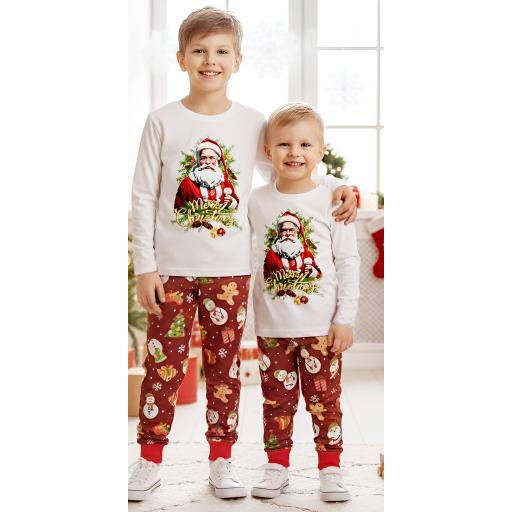 Коледен анцуг за момче/момиче. Бяла блуза с голям принт на Дядо Коледа и червено долнище с разнообразни коледни мотиви.