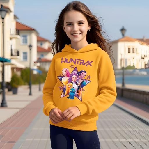 Жълт детски суичър с качулка и дълги ръкави, украсен с голям принт на три момичета в стил K-POP, на фона на лилава звезда.