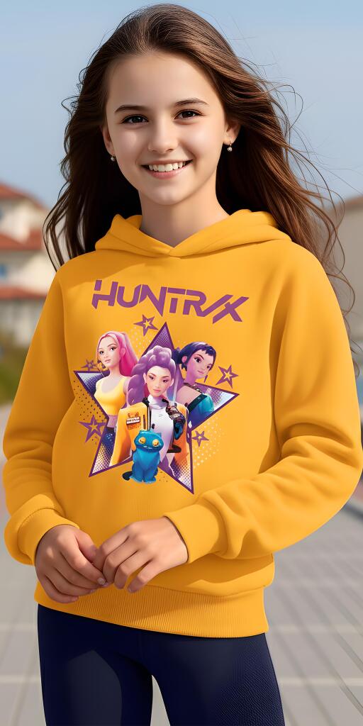 Отблизо на принта на суичъра, показващ трите K-POP момичета и техните котки на фона на голяма звезда.