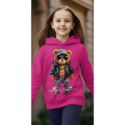 Детска розова блуза с качулка и принт на модерен мечок