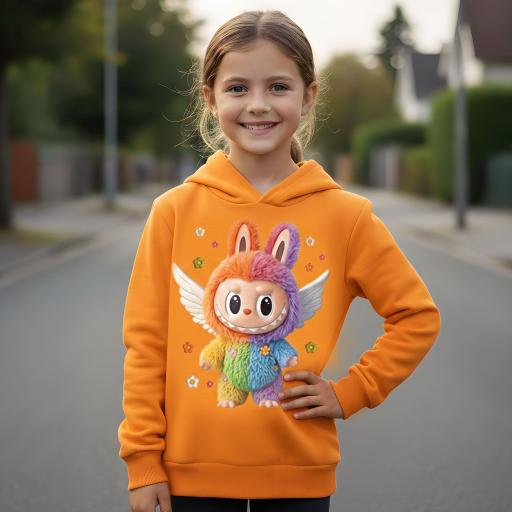 оранжев суичър с качулка и Лабубу с крилца