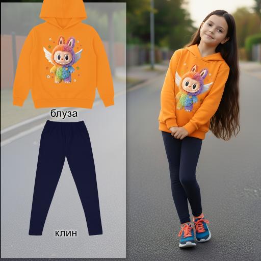 Детски комплект – оранжев суичър с Лабубу и тъмен клин