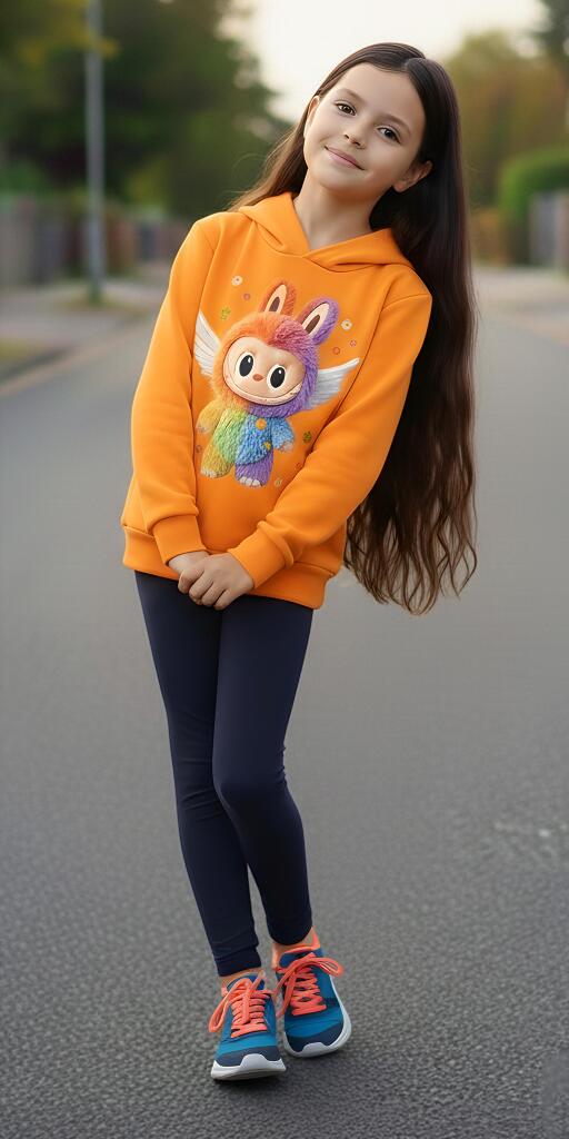 Детски комплект – оранжев суичър с Лабубу и тъмен клин