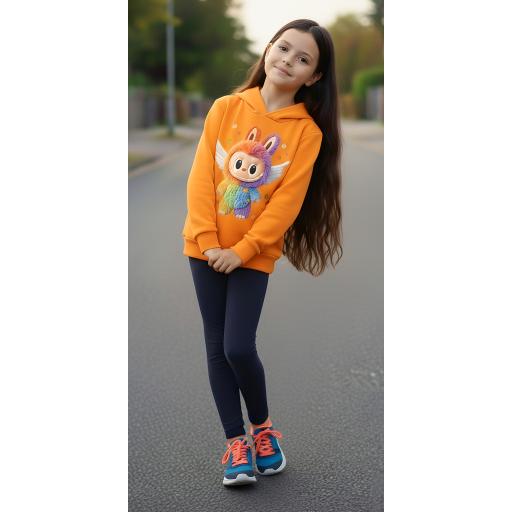Детски комплект – оранжев суичър с Лабубу и тъмен клин