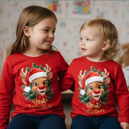 Червена детска коледна блуза с еленче и надпис Merry Christmas.