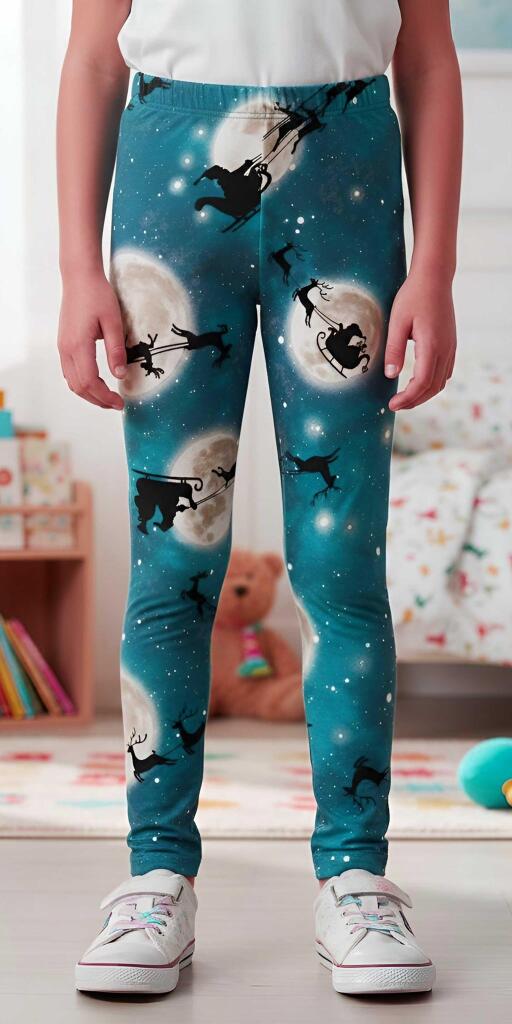 Детски клин с коледен принт. Долнище със силуети на Дядо Коледа, шейна и елени на син/тюркоазен звезден фон.