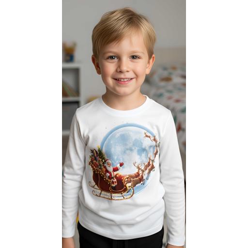 Бяла детска блуза с Дядо Коледа в шейна, летящ над голяма луна