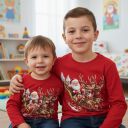 Детска блуза за момче/момиче. Червена блуза с дълъг ръкав и мотив на Дядо Коледа и два елена.