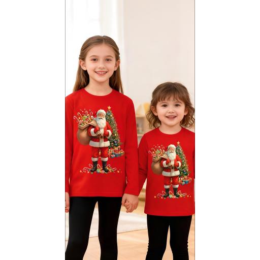 Детска блуза за момче/момиче. Червена блуза с дълъг ръкав и мотив на Дядо Коледа с торба и бонбони.