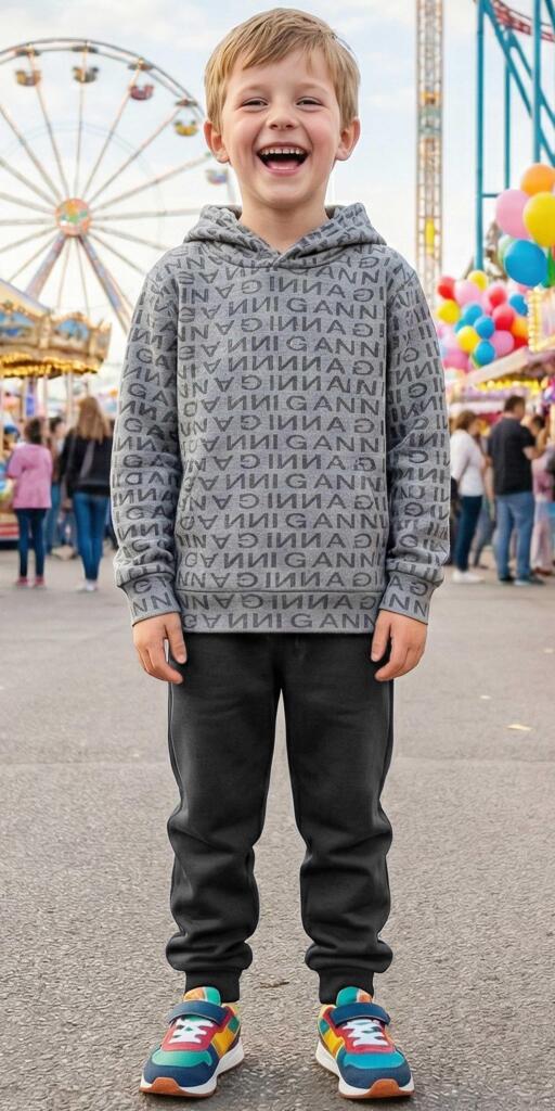 Сив sweatshirt с надписи и тъмно долнище – спортно-ежедневен детски сет.