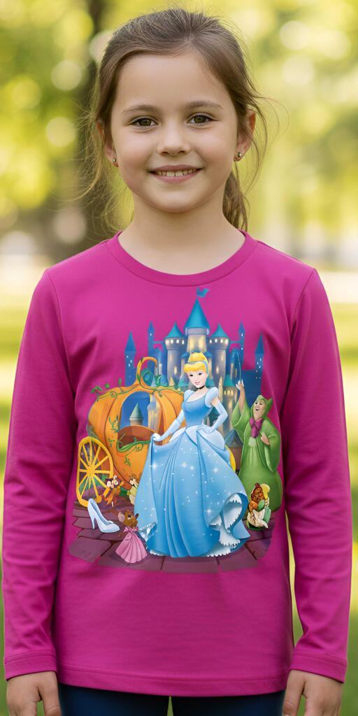 Блуза с дълъг ръкав в наситено розово, с голям принт на принцеса Пепеляшка, каляска, стъклена пантофка и Феята Кръстница