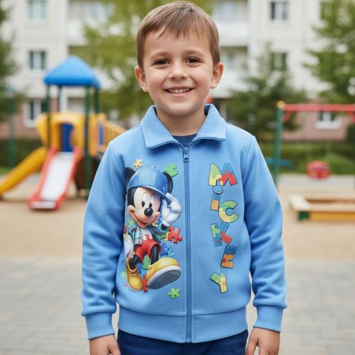 Син детски суитчер с Мики Маус и цветни пъзелчета, весел и удобен за ежедневни игри.