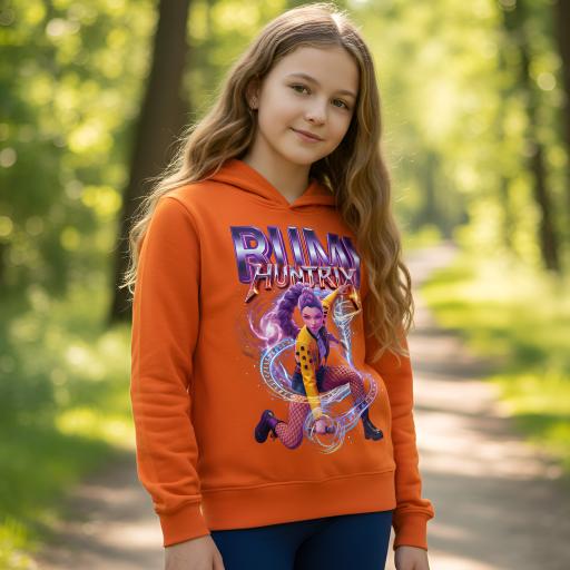 Детски суитшърт/худи с качулка в оранжев цвят, с голям принт на Rumi Huntrix и лилаво лого "RUMI HUNTRIX".