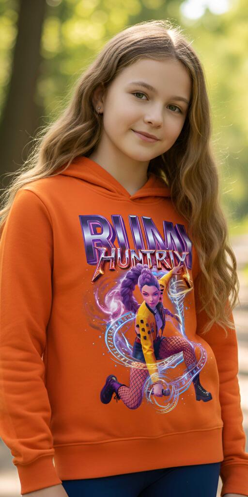 Детски суитшърт Rumi Huntrix. Оранжев суитшърт с качулка и принт на герой.