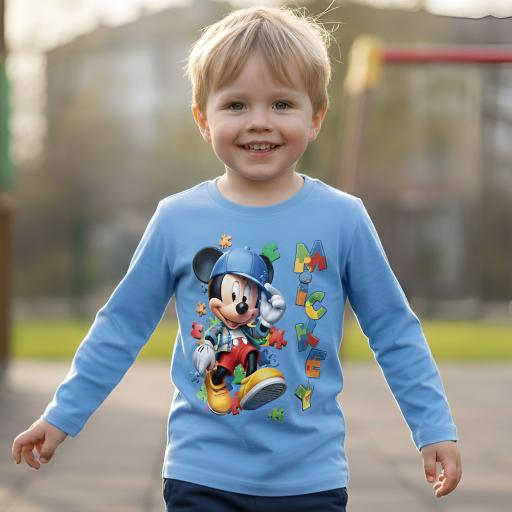 Сина детска блуза с Мики Маус пъзел дизайн на предницата.“