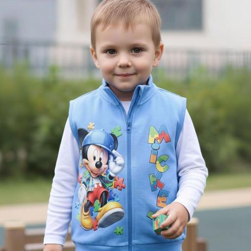 „Светлосин детски елек с Мики Маус в пъзел дизайн отпред.“