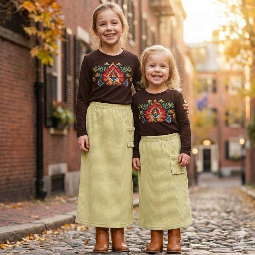 Момичешки комплект с дълъг ръкав и бежова релефна пола