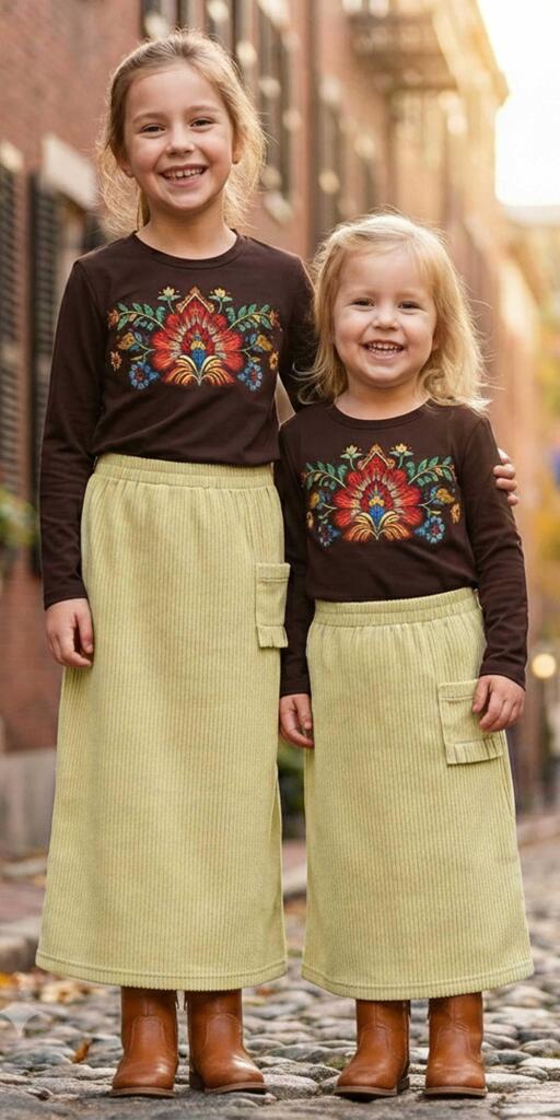 Детски комплект с кафява блуза с фолклорен принт и бежова пола