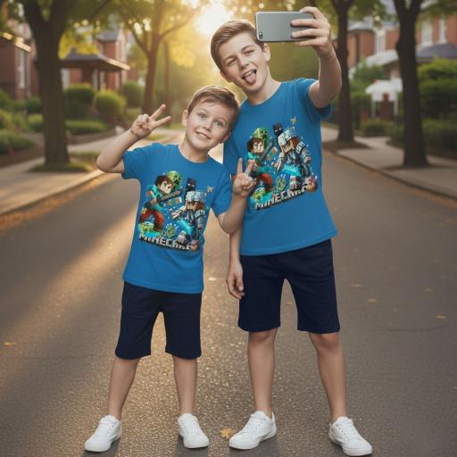 Синя тениска Minecraft с тъмни къси панталони