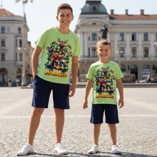 Детски летен комплект „99 Nights in the Forest“ – зелена тениска и тъмни бермуди