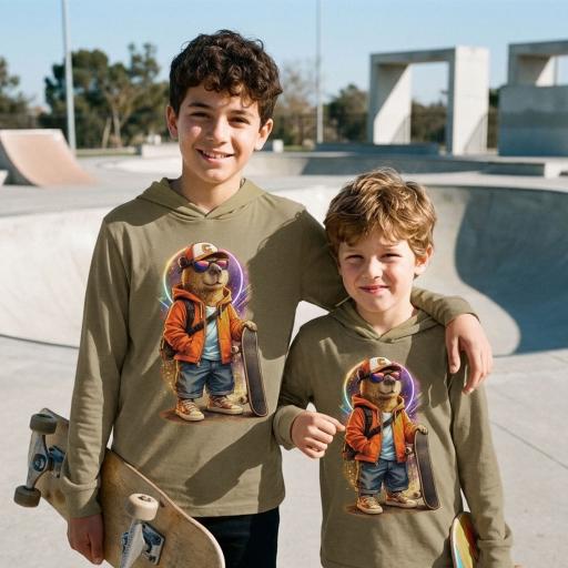 Детска блуза каки с качулка и скейт капибара