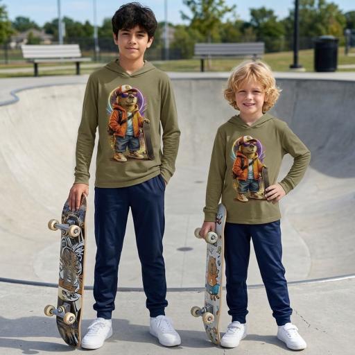 Детски комплект каки блуза с капибара .Малък скейтър. Голям стил.