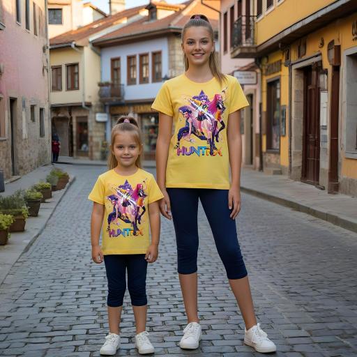 Жълт комплект тениска HUNTEX с тъмен клин под коляното