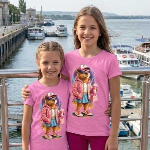 Розова детска тениска с модерна капибара с очила и фрапе