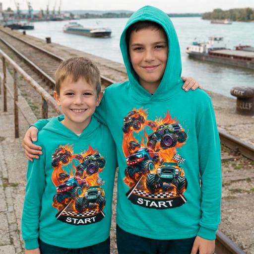 Тюркоазена детска тънка блуза с качулка и принт на monster truck автомобили със стартова линия
