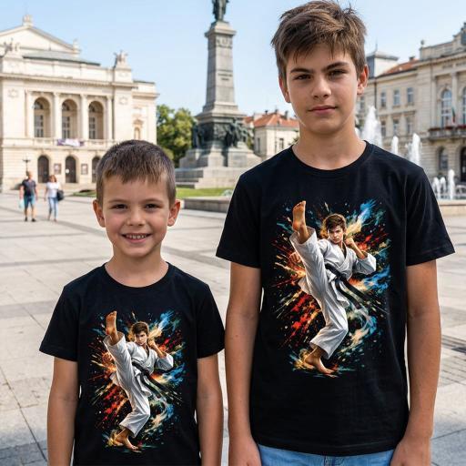 Тениска с карате боец и цветна динамична експлозия