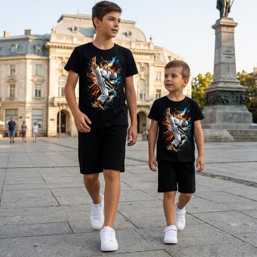 Детски комплект черна тениска с карате принт и тъмни спортни бермуди