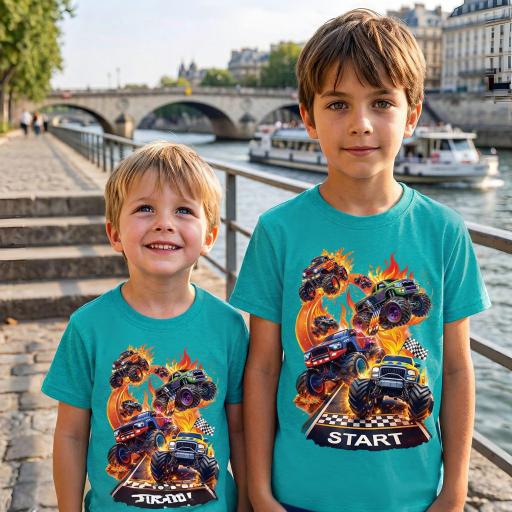 Детска тениска с принт Monster Race и състезателни чудовищни камиони